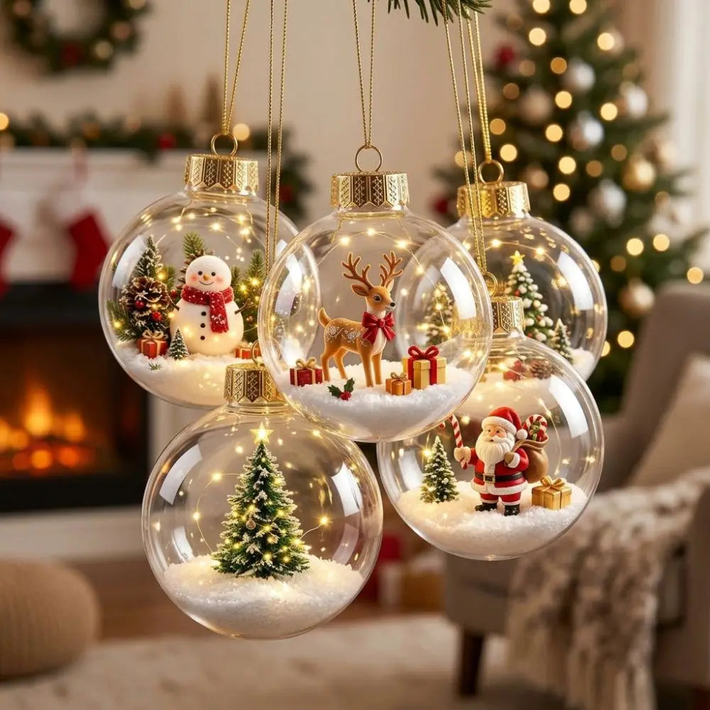 Clear Acrylic Lighted Christmas Ball Ornament Mini Interior Scene Warm LED Light-Up Tree Hanging Bauble Shock-Resistant Cartoon