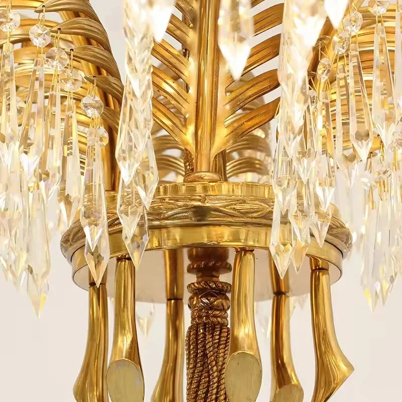Hand Carving Gold Brass Hanging Pendant Lights Villa Living Room Luxury Crystal Palm Chandelier
