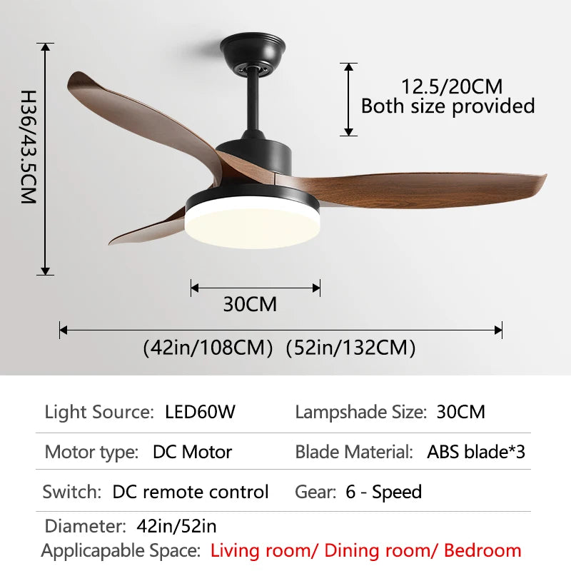 52Inch 3 ABS Blade DC 35W Pure Copper Motor Ceiling Fan With 60W LED Light Support Remote Control Strong winds Electric fans