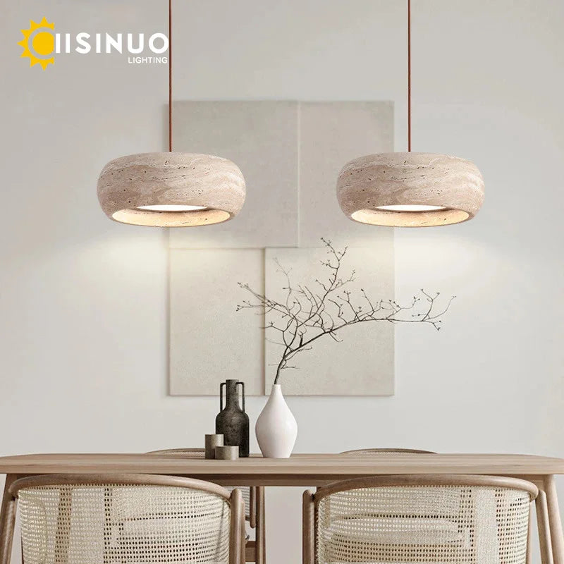 Wabi-Sabi Travertine Pendant Lamp - Natural Stone Round LED Chandelier