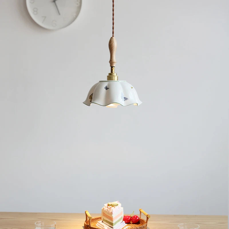 Butterfly Ceramic LED Pendant Lamp Beside Wooden Handle Copper Socket Home Decors Bedroom Dining Living Room Light Hang lamp