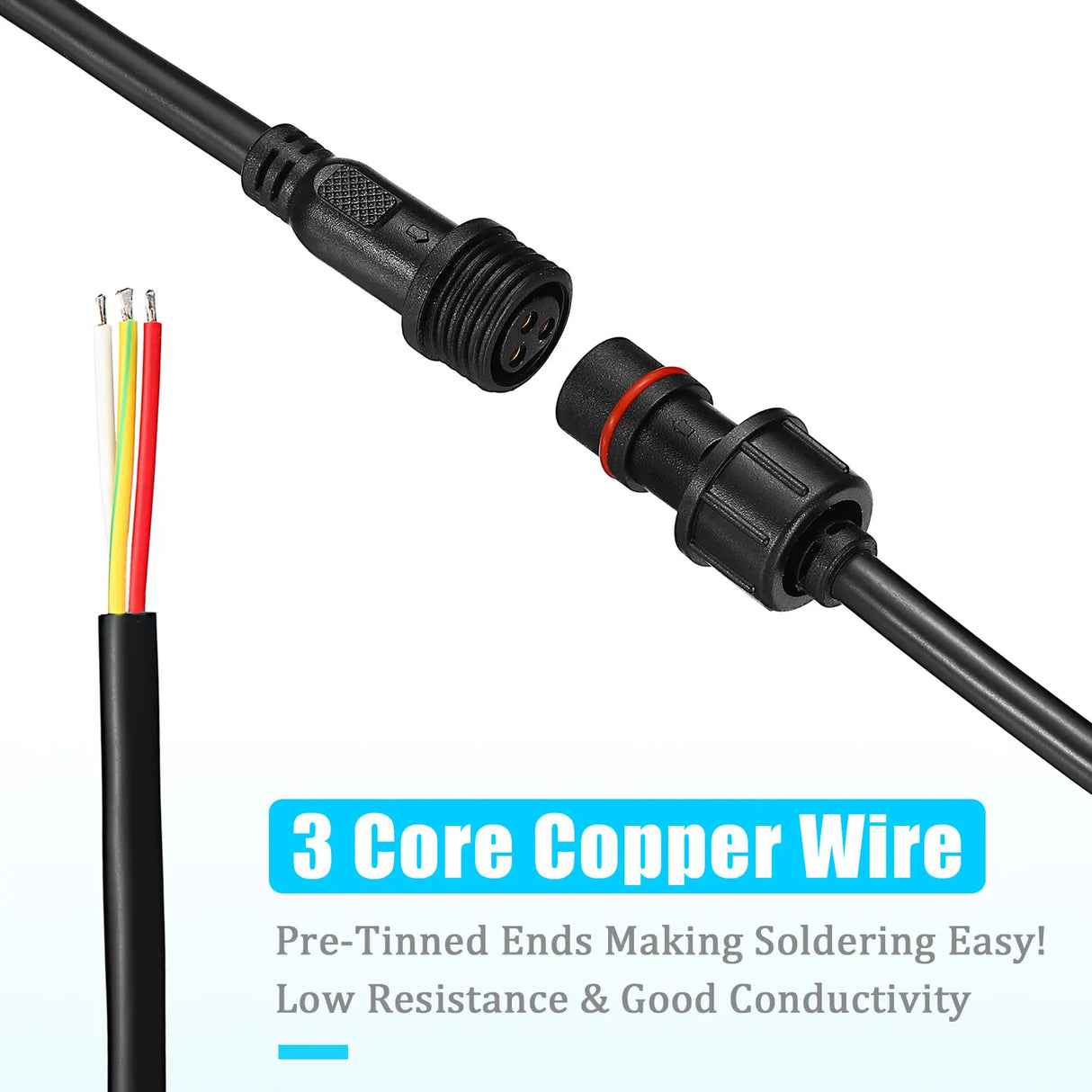 3Core Waterproof IP65 Male Female Plug LED Connector 18AWG 10 Pairs 3Pin Electrical Pigtail 50CM Extension Cable for Strip Light