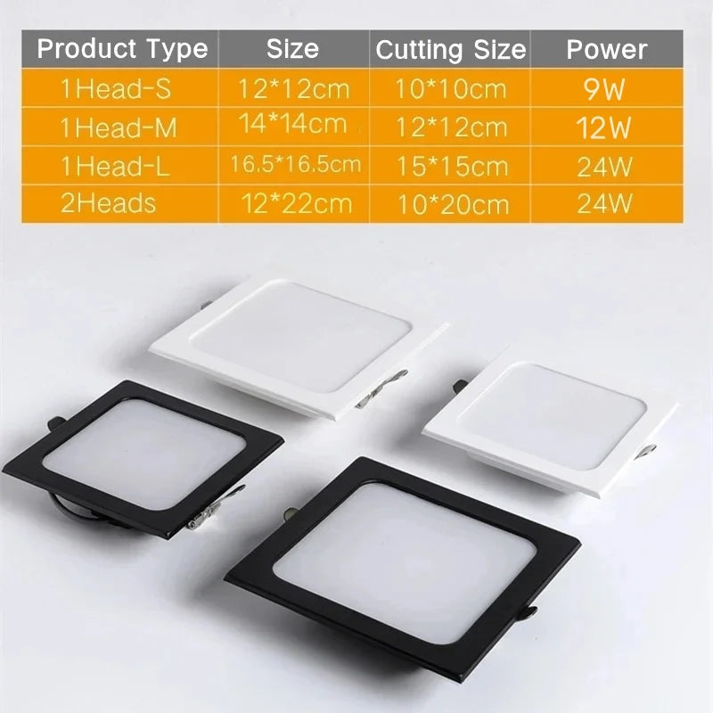 Ultra-Thin Square LED Recessed Downlight - 9W 12W 24W Ceiling Grille Panel