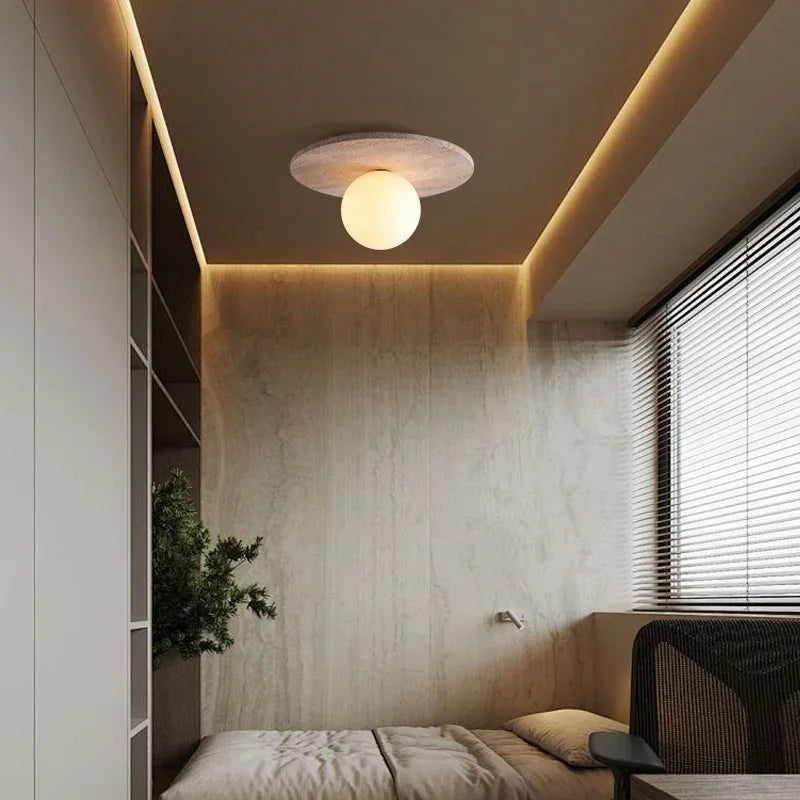 High Quality Natural Stone Ceiling Light Travertine Downlight with Glass Ball Wabi Sabi Milk Oil Wind Home LED Ceiling Ligh