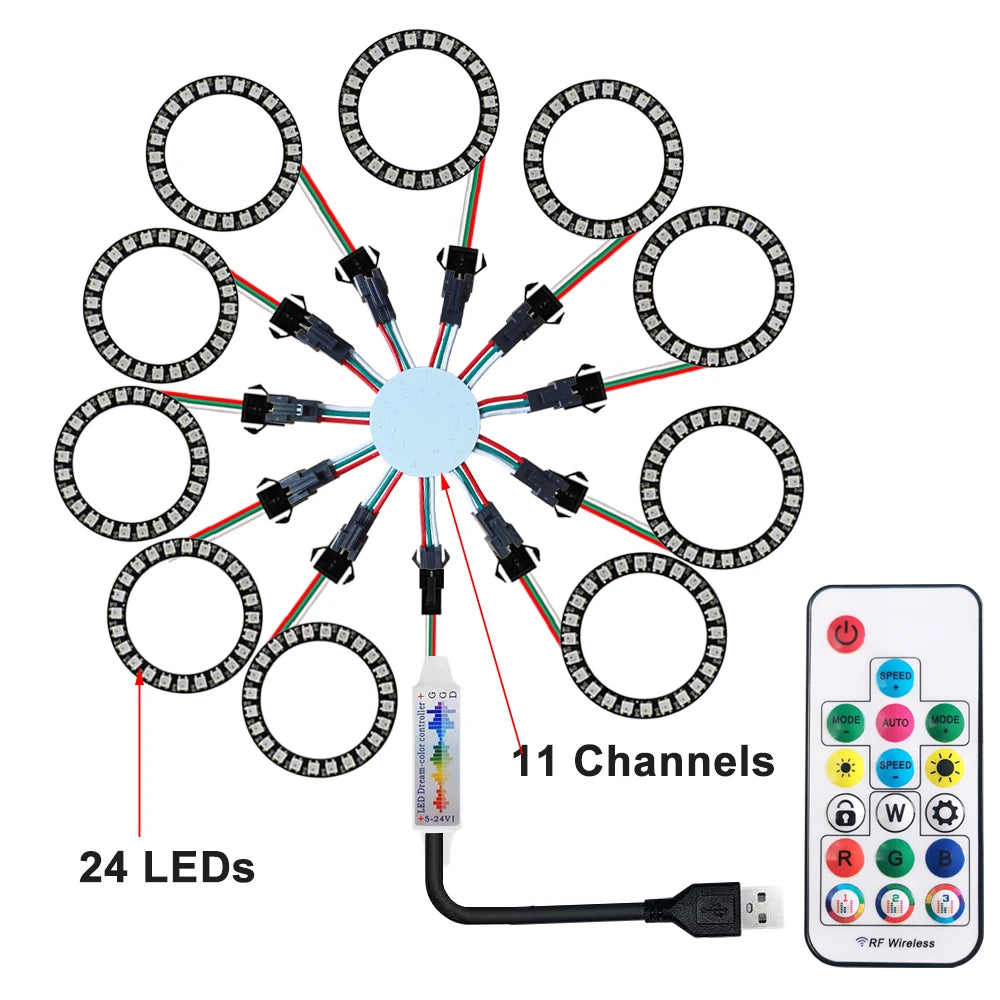LED Sparkle Ring Light Circle Module WS2812B Individually Addressable RGB Atmosphere Lamp 17 Key Music Remote Control for Party