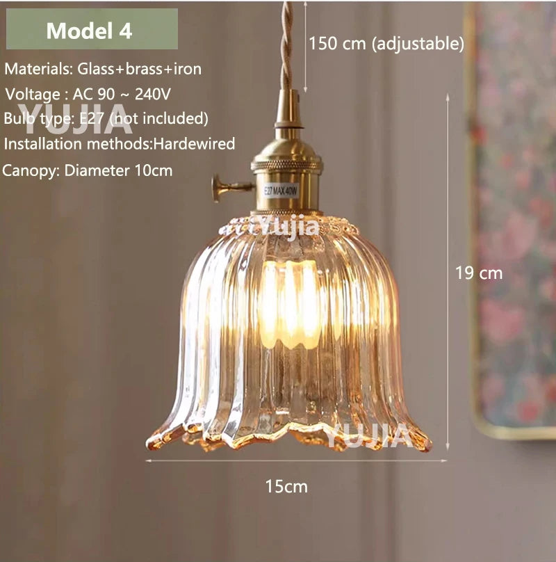 Vintage Amber Glass Pendant Light - Retro Brass Adjustable Hanging Hanging Lamp