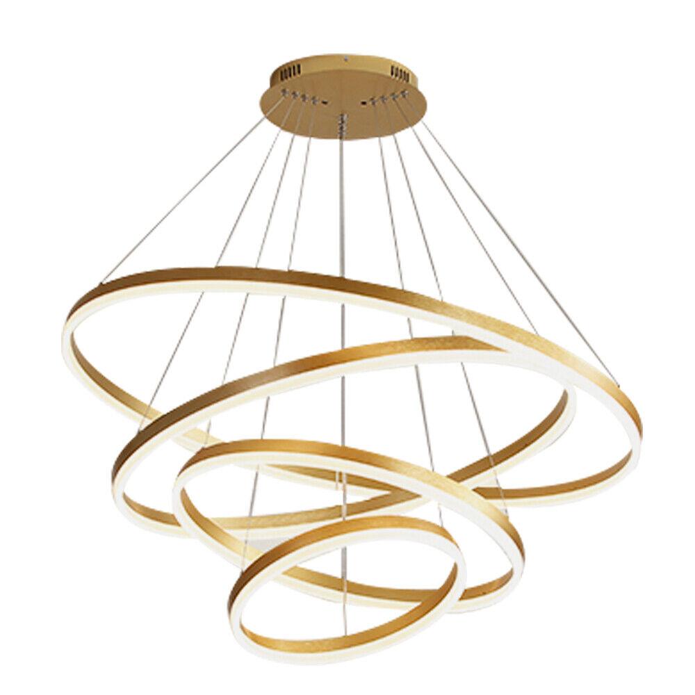 Golden LED 4-Ring Chandelier Lamp Bedroom Pendant Light 110V Adjustable Room Decor