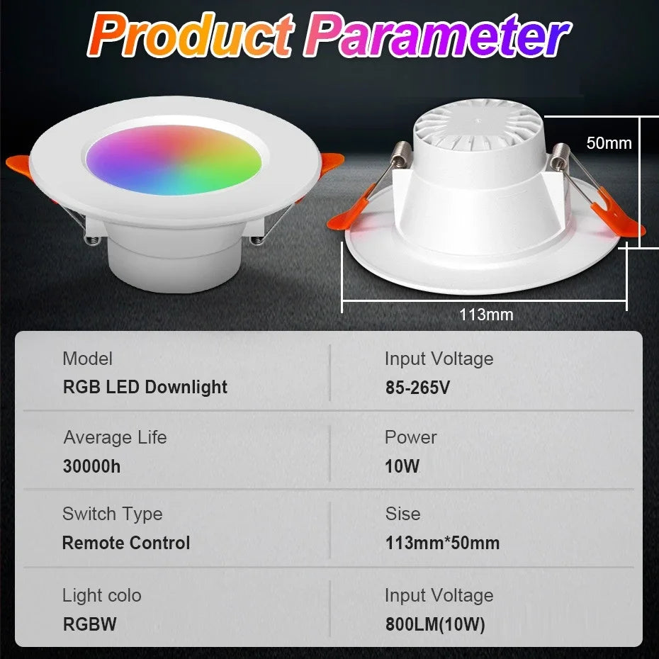 Dimmable LED Downlight 10W Round Spotlights RGB Down Lamp AC 220V 110V Color Changing Spot Light with IR Remote Controller