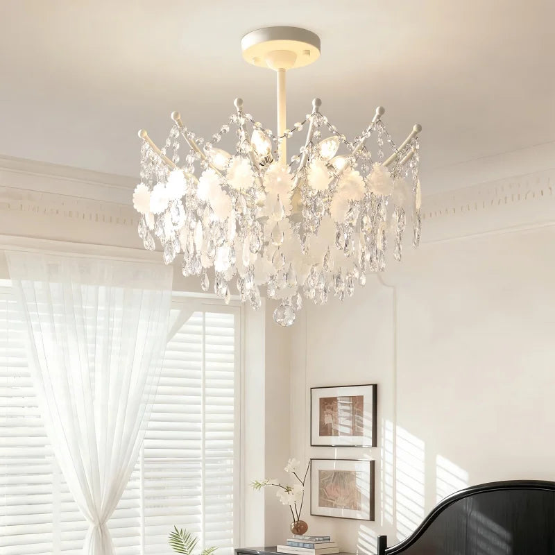 French K9 Crystal Chandelier Luxury Vintage Blue/White Natural Shell Pendant Light for Romantic Villa Living Dining Room Bedroom