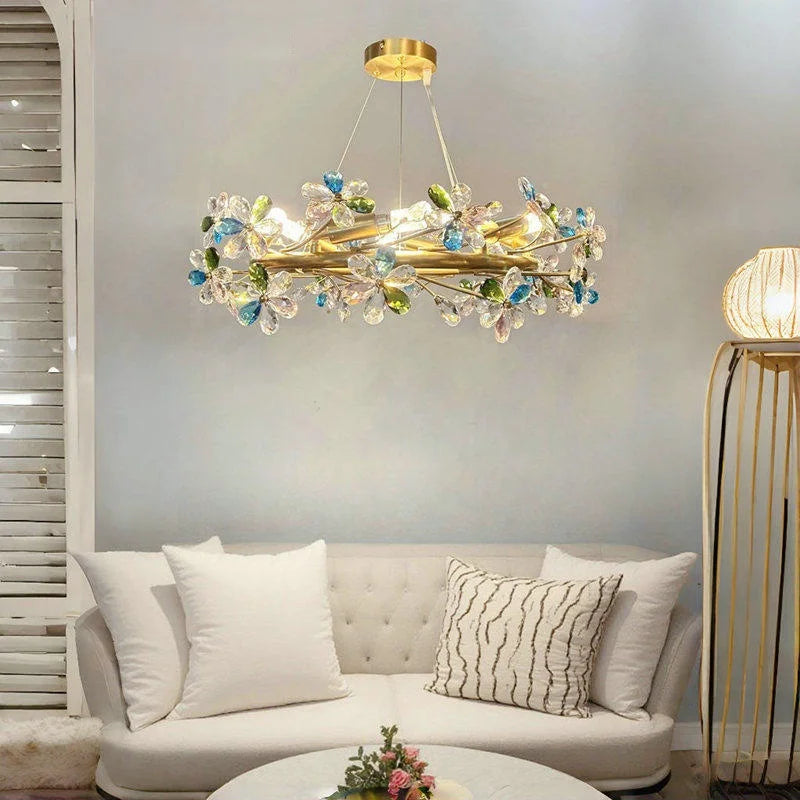 French Colored Crystal Flower Pendant Light Living Room Dining Room Bedroom Daughter's Room Low Floor Light Ceiling Chandelier