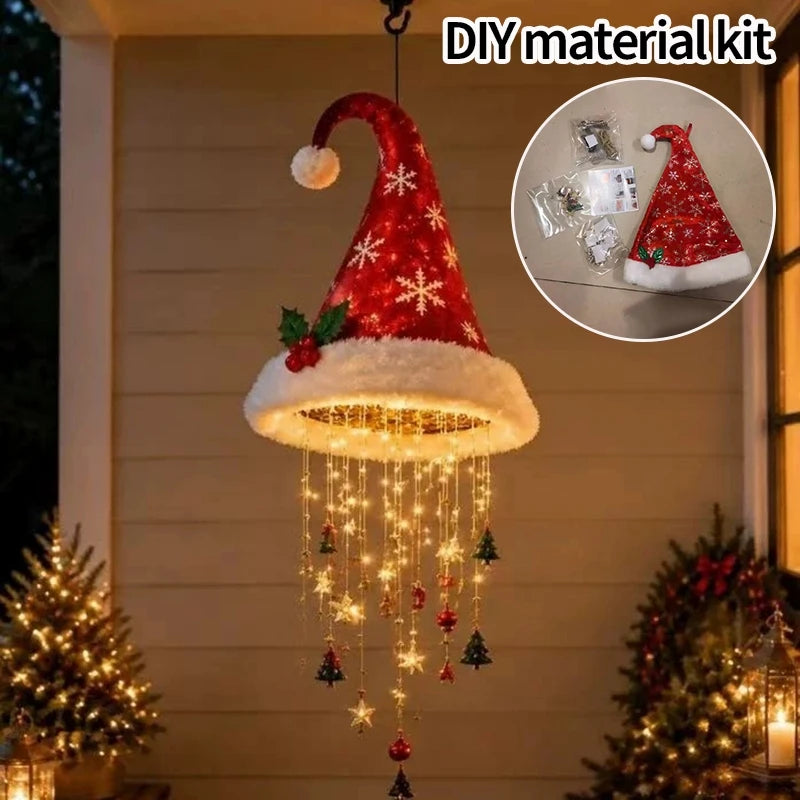 Christmas Santa Hat Hanging Light LED Lamp with Christmas Pendants Winter New Year Party Home Wall Ceiling Decor Ornament