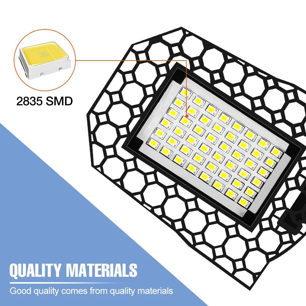 200W Deformable LED Garage Light (E26/E27) AC85-265V - Foldable High Bay Ceiling Lamp for Workshop, Warehouse & Basement