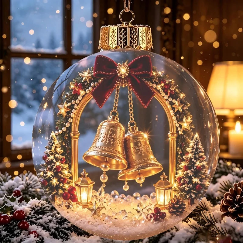 Acrylic Christmas Bell Ornament Decoration 3D Snow Globe Santa Snowman Ball Hanging Xmas Tree Pendant Christmas Party Decoration