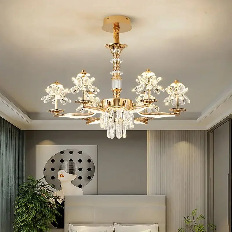 American Luxury Flower Chandelier Foyer Lustre K9 Crystal Pendant Lights French Living Dining Room Home Decor Led Lamparas Lamp