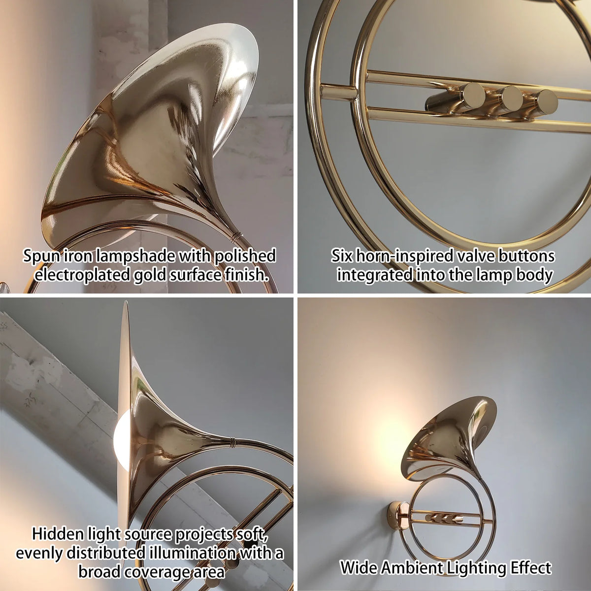 Caren Lighting Wall Light Vienna Horn Inspired Decorative Lighting Fixture 6 Valve Buttons Gold Chrome LED Premium Polished