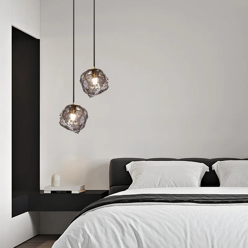 Floating Lava Shape Glass Pendant | Ice Texture Bedside Light with 3-Color Mode
