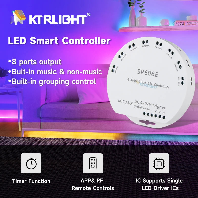 SP608E 8-Channel Music LED Controller (DC5V–24V) - Built-in Mic & Bluetooth App Remote for WS2811, WS2812B & WS2815