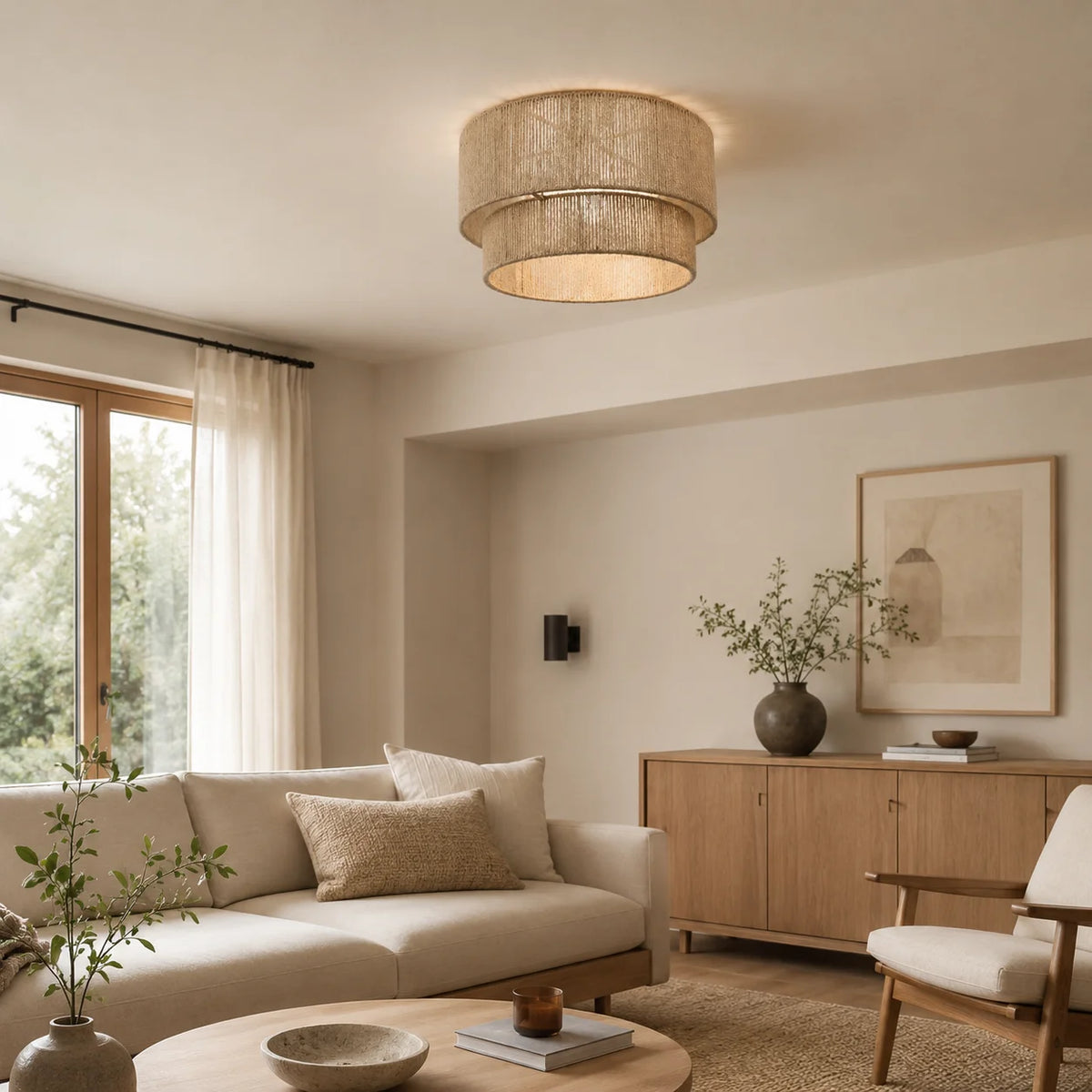 45CM Boho Rattan Semi Flush Mount Ceiling Light - Farmhouse Woven Hemp Rope E27 Lamp for Dining Room, Bedroom & Kitchen