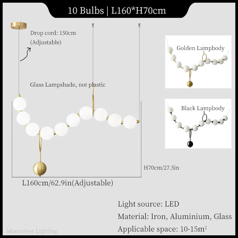 European Luxury Necklace Glass Ball Pendant Light - Modern White Pearl Bean Chandelier Fixture for Restaurant, Hotel Hall & Dining Room