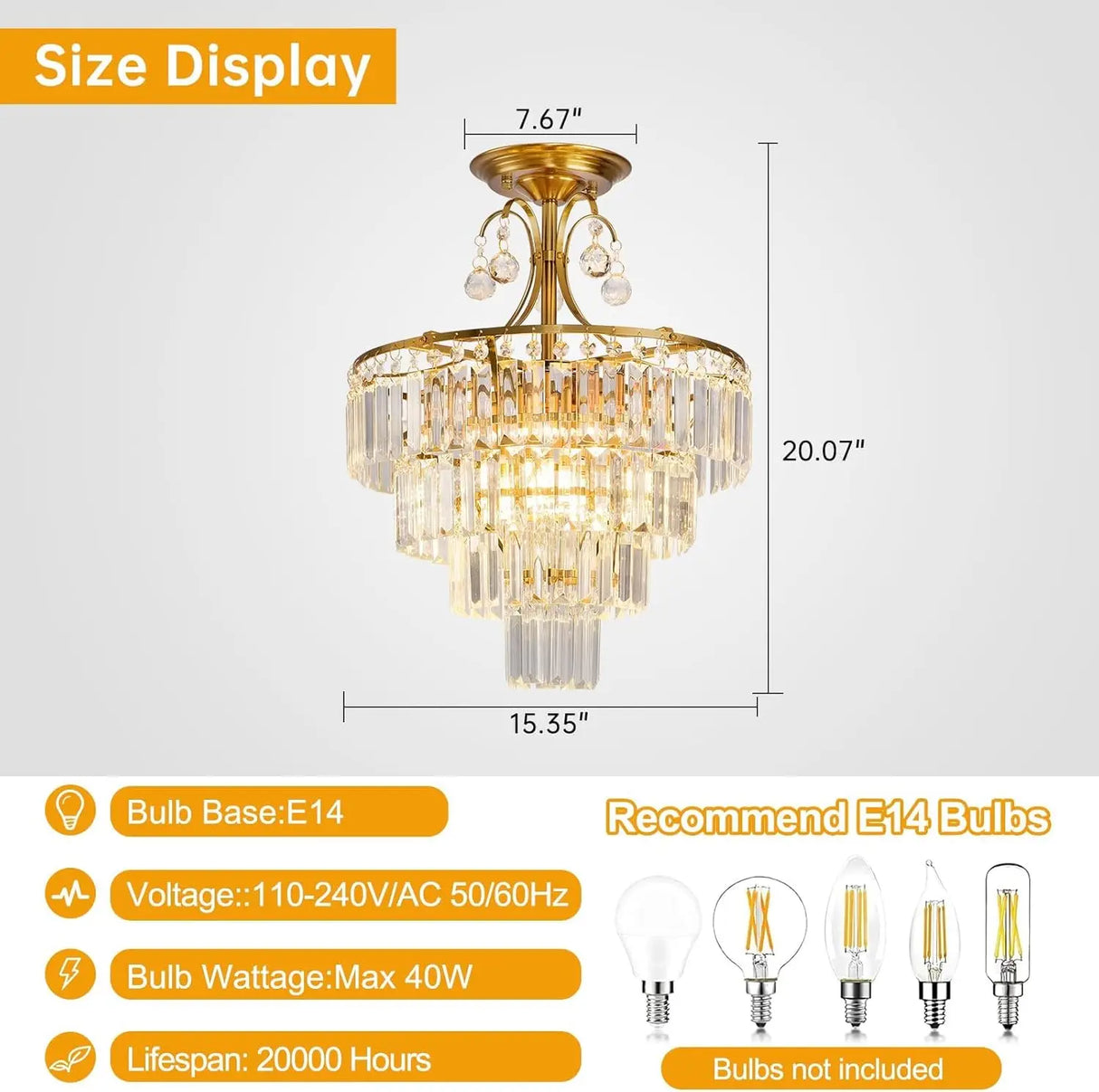 Luxury Gold Crystal Ceiling Light, Round Dimmable Semi-Flush Mount Modern Crystal Ceiling Light for dining room/bedroom/hallway