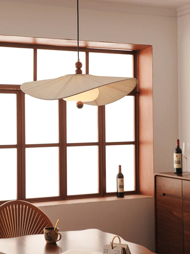 Wabi-Sabi Wood & Cloth Pendant Light - Retro Fabric Ceiling Chandelier Lamp Fixture with Glass Accents for Restaurant, Hotel & Home Decor