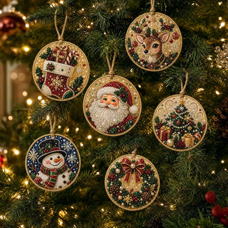 6Pcs Wooden Christmas Decoration DIY Pearl Art Kits for Adults, Xmas Tree Crafts Hanging Ornament Kit with Beads, Gems & Twine