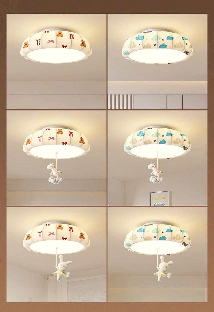 Cartoon Bear Horse Rabbit Ceiling Lamps for Children's Room Bedroom Nursery School Boy Girl Pink Blue Fabric Chandelier Light