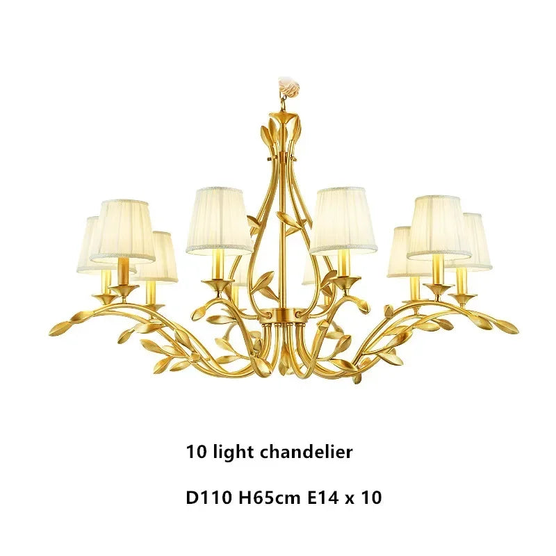 American Retro Luxury Gold Copper Chandeliers Living Dining Bedroom Pendant Lights Fabric Shades Flower Deco Led Lighting Lamps