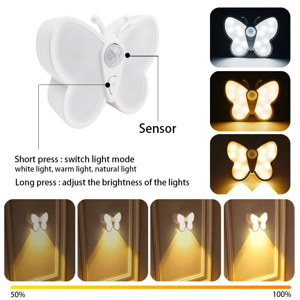 Acrylic Butterfly Motion Sensor Night Light USB Rechargeable Dimmable LED Wall Lamp for Bedroom Living Room Stair Lighting
