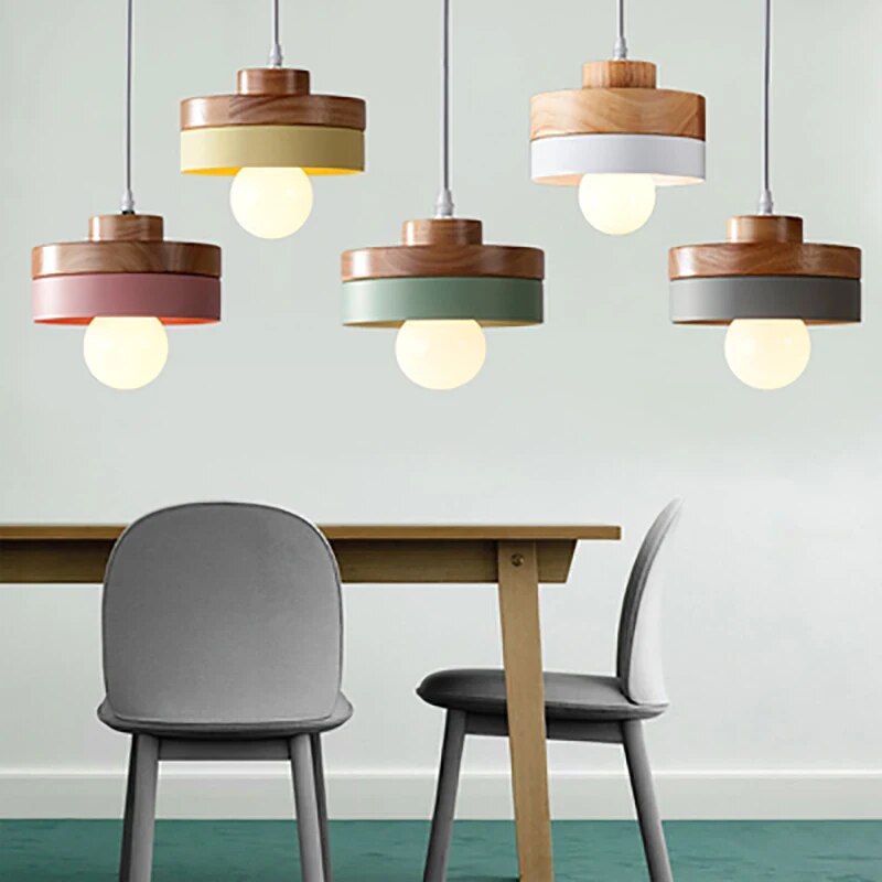 Nordic LED Wooden Pendant Light Iron 18CM Square Living Room Hanging Fixture For Bedroom Dining Room Study Home Decor Luminaires