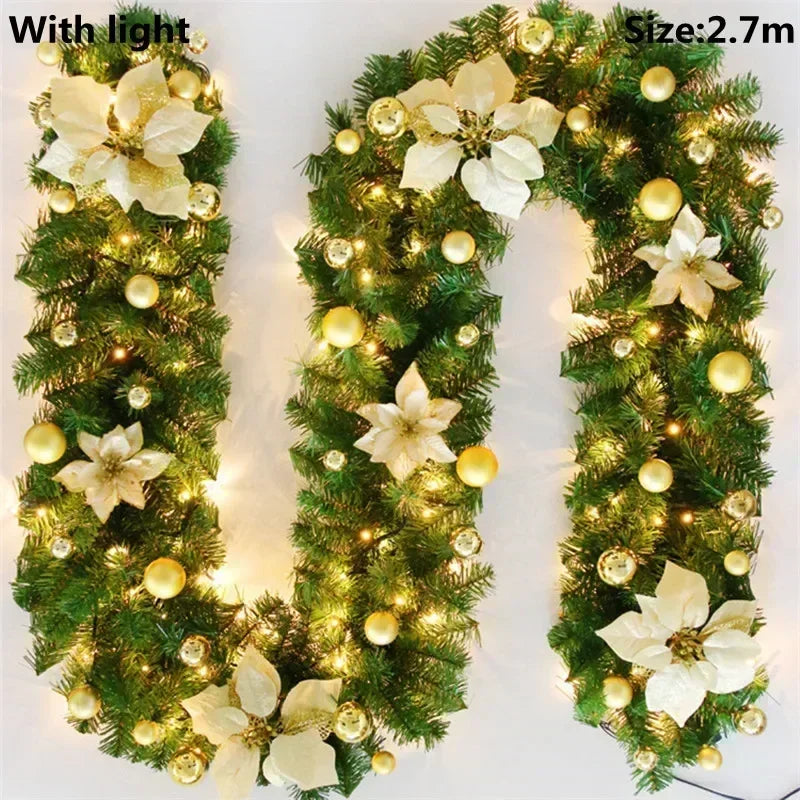 Christmas LED Rattan Garland 2.7m Artificial Xmas Tree Wreath, Decorative Banner for Home Fireplace Door Staircase Party Decor