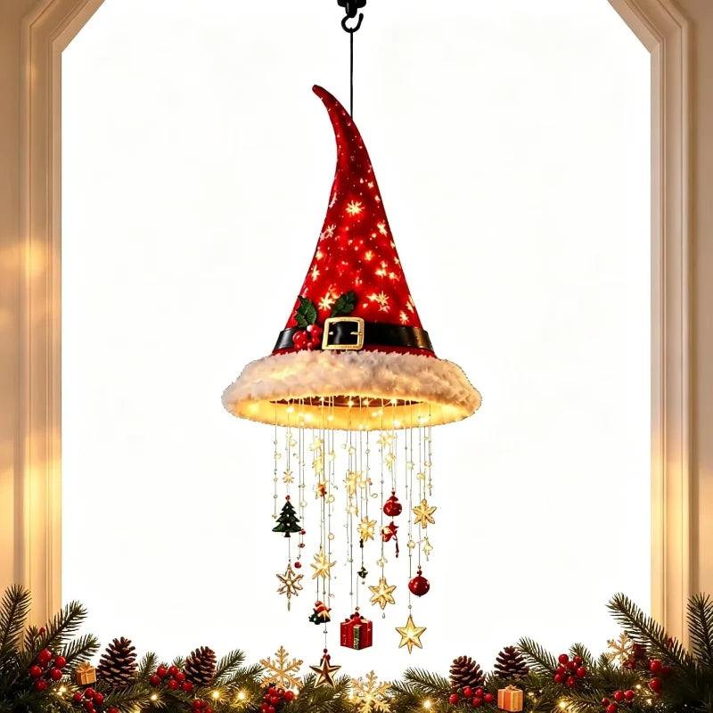 LED Santa Hat Hanging Light Christmas Hat Pendant Lamp with Tassel Bell Star Ornaments Xmas New Year Party Decoration Light