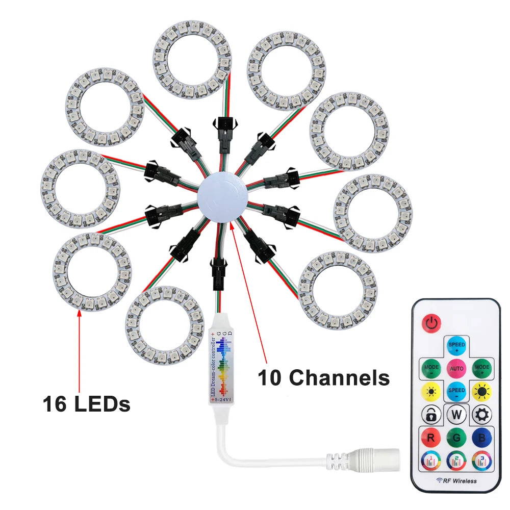 LED Sparkle Ring Light Circle Module WS2812B Individually Addressable RGB Atmosphere Lamp 17 Key Music Remote Control for Party
