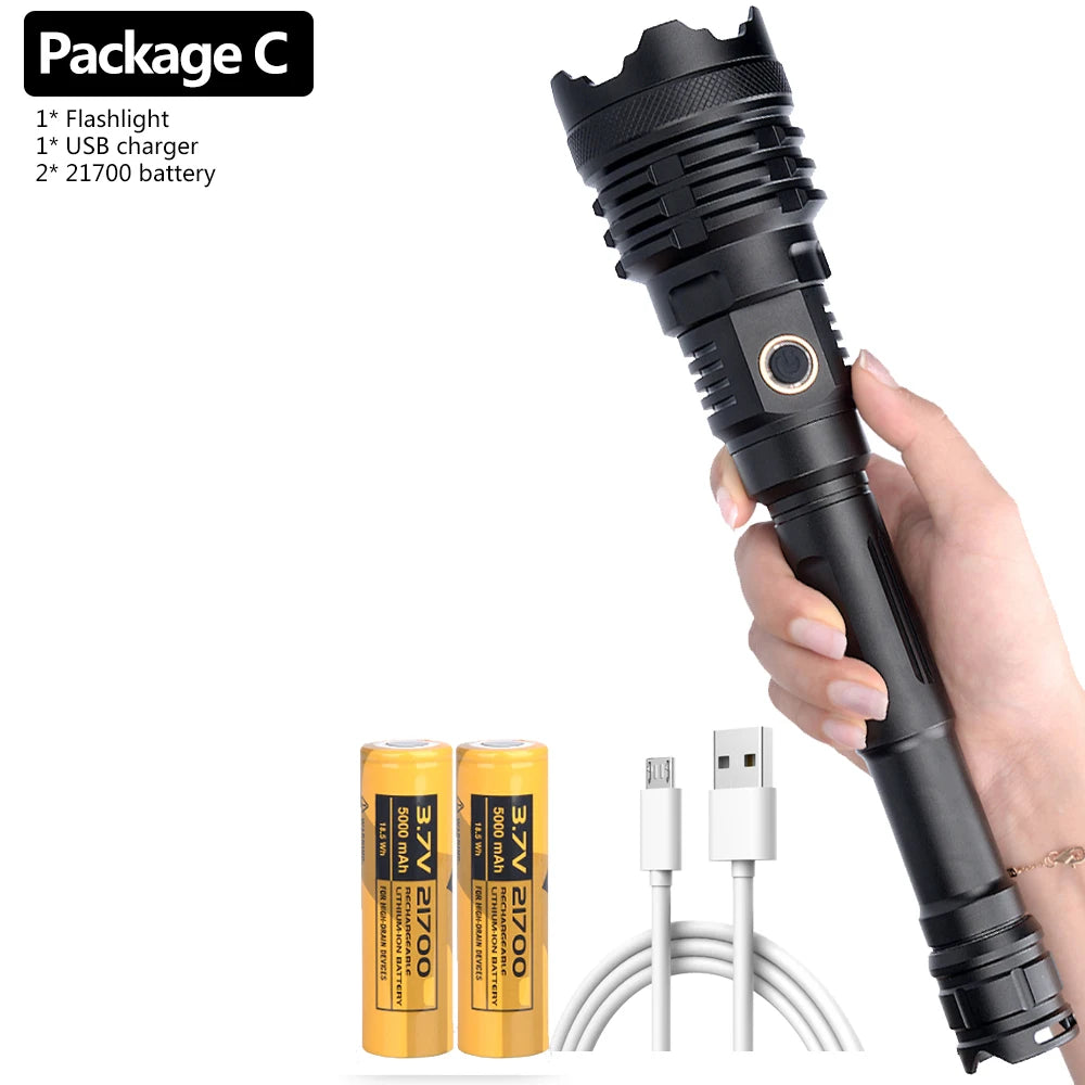 The Most Brightest Led Flashlight XHP110.2 16-core Power Bank 10000mah Torch Usb Rechargeable 21700 Battery Zoomable Lantern 50W