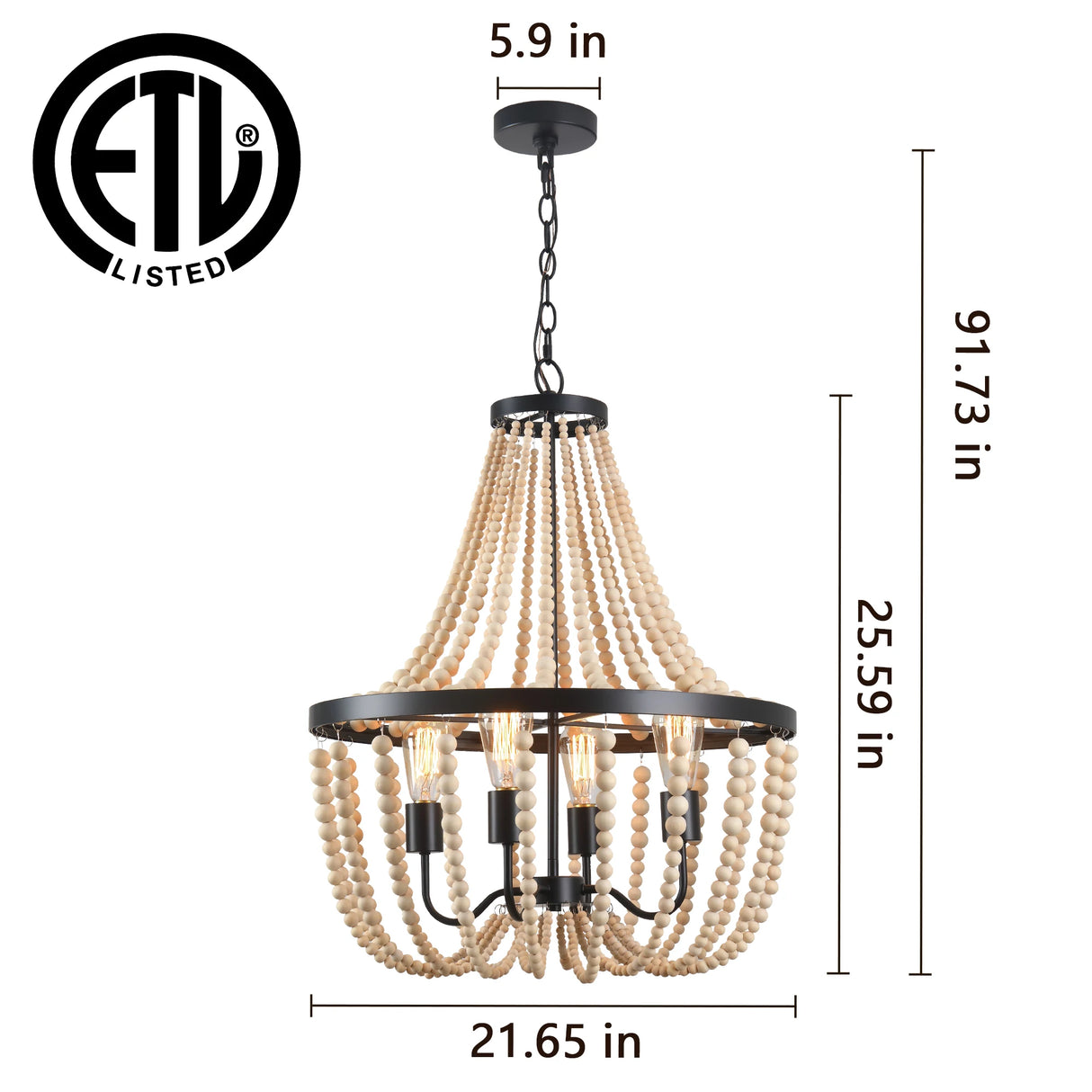 Modern Boho Wood Bead Chandelier Classic Dimmable High Ceilings Chandeliers With Matt Black Finished For Bedroom Hall