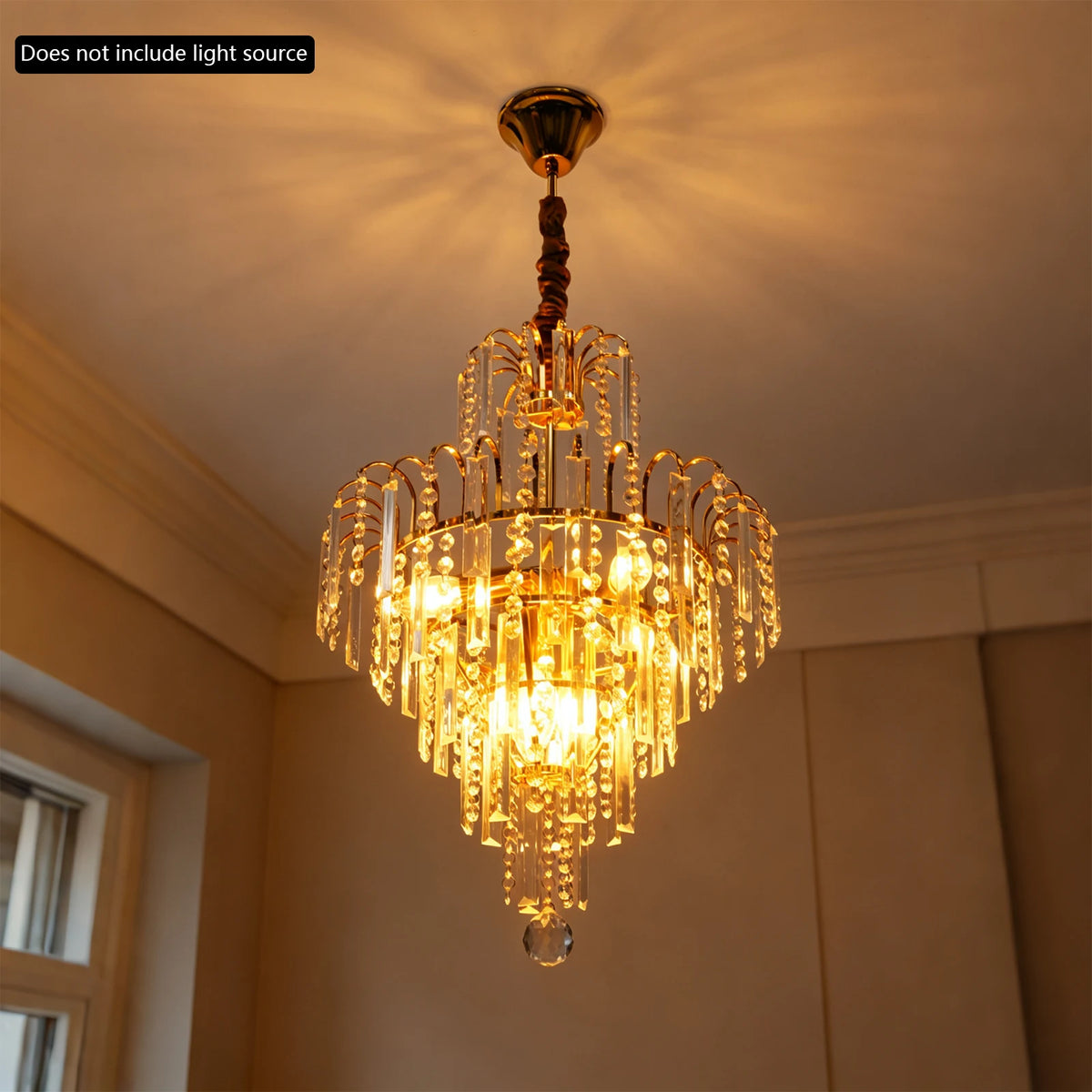 LED Pendant Light Crystal Chandelier, 40x55cm Modern Hanging Lamp for Dining Room, E14 110V Socket (Bulb Not Included), Adjustable Height 11.8inch, Thick Chain & 4.3inch Reinforced Base, Sturdy Iron Glass Construction, Gold F