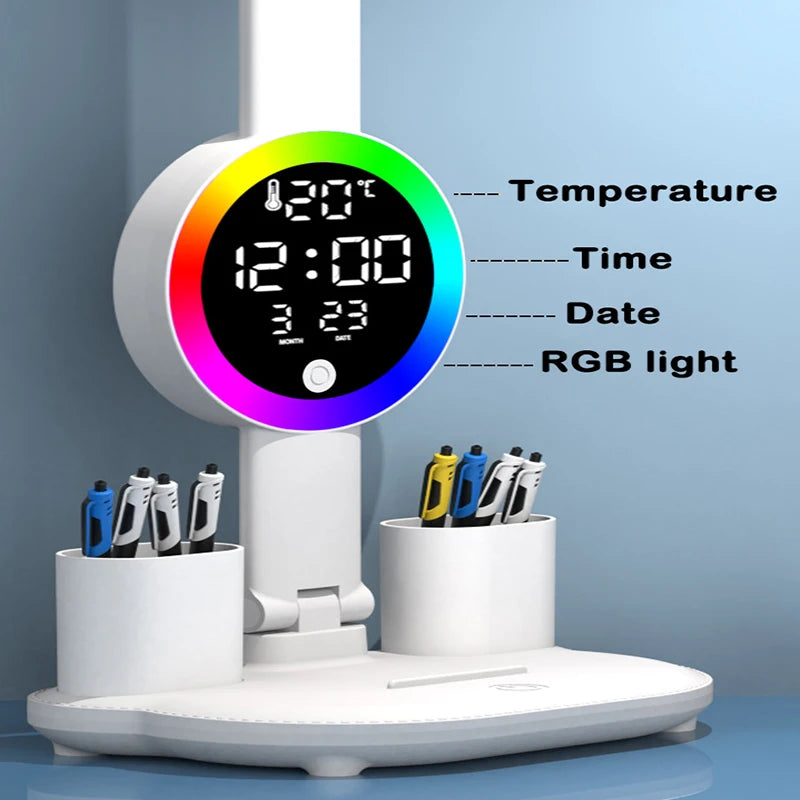 RGB LED Table Lamp Clock Display Touch Dimmable Reading Lamp USB Rechargeable Foldable Eye Protection Desk Lamp Night Light