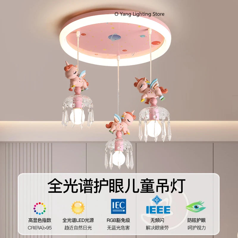 Princess Room Pendant Light Creative Pink Cartoon Unicorn LED Eye Protection Headboard Simple Bedroom Children's Room Light