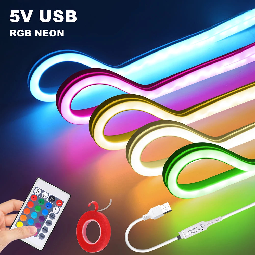 5V USB RGB LED Neon Strip Light 24key Remote Control Adhesive Tape 3535 108LED/m 6x12mm Waterproof Flexible Lamp Home Decoration