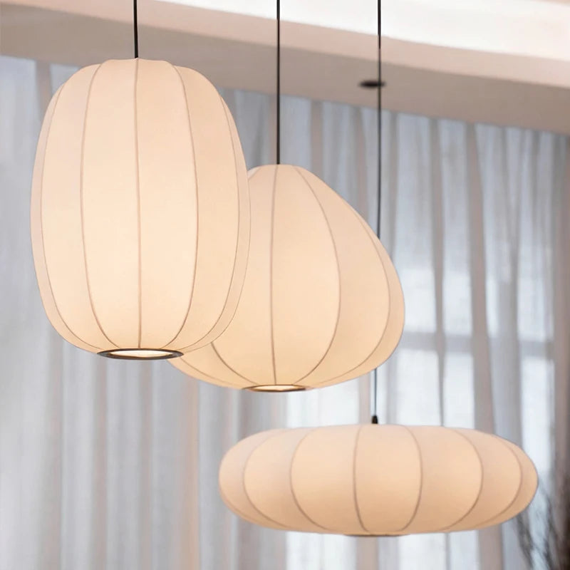 Japanese Wabi-Sabi White Silk E27 Pendant Light - Nordic Art Fabric Ceiling Chandelier Lamp Fixture for Living Room, Dining Room & Bedroom