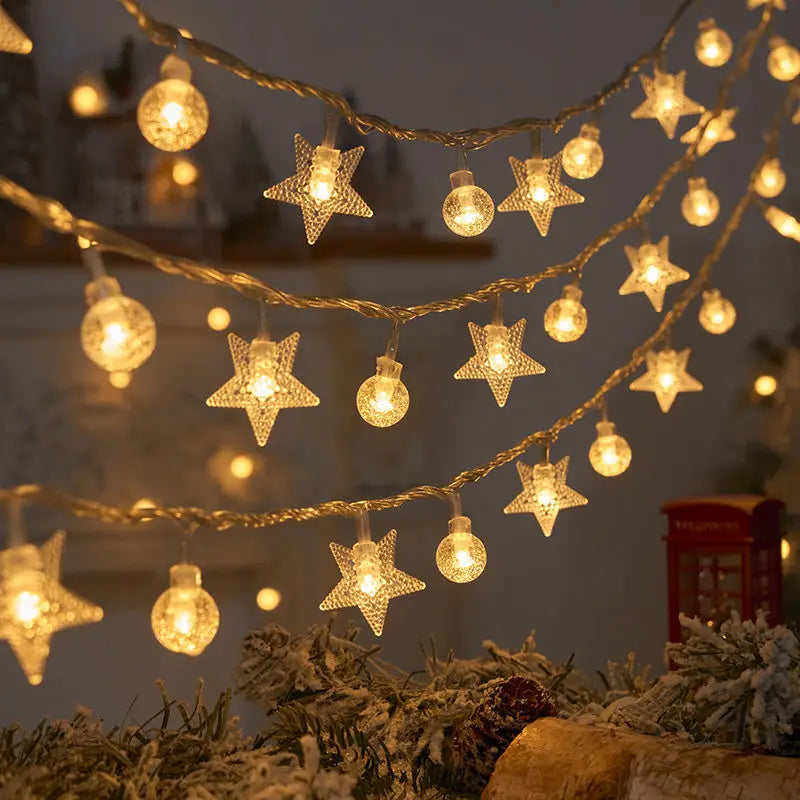 Christmas LED String Lights Snowflake Star Garland Fairy Lights Xmas Hanging Pendant Ornament New Year Party Decoration Lighting