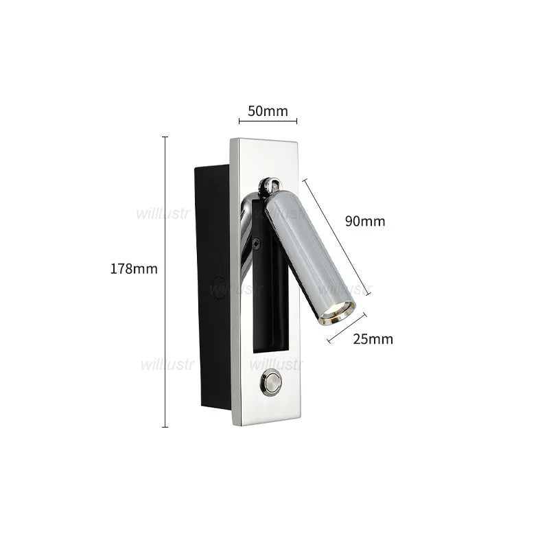 Creative Rotatable Aluminum Wall Lamp LED Embedded Sconce Hotel Cafe Bar Bedside Copper Nickle Chrome Metal Reading Lighting