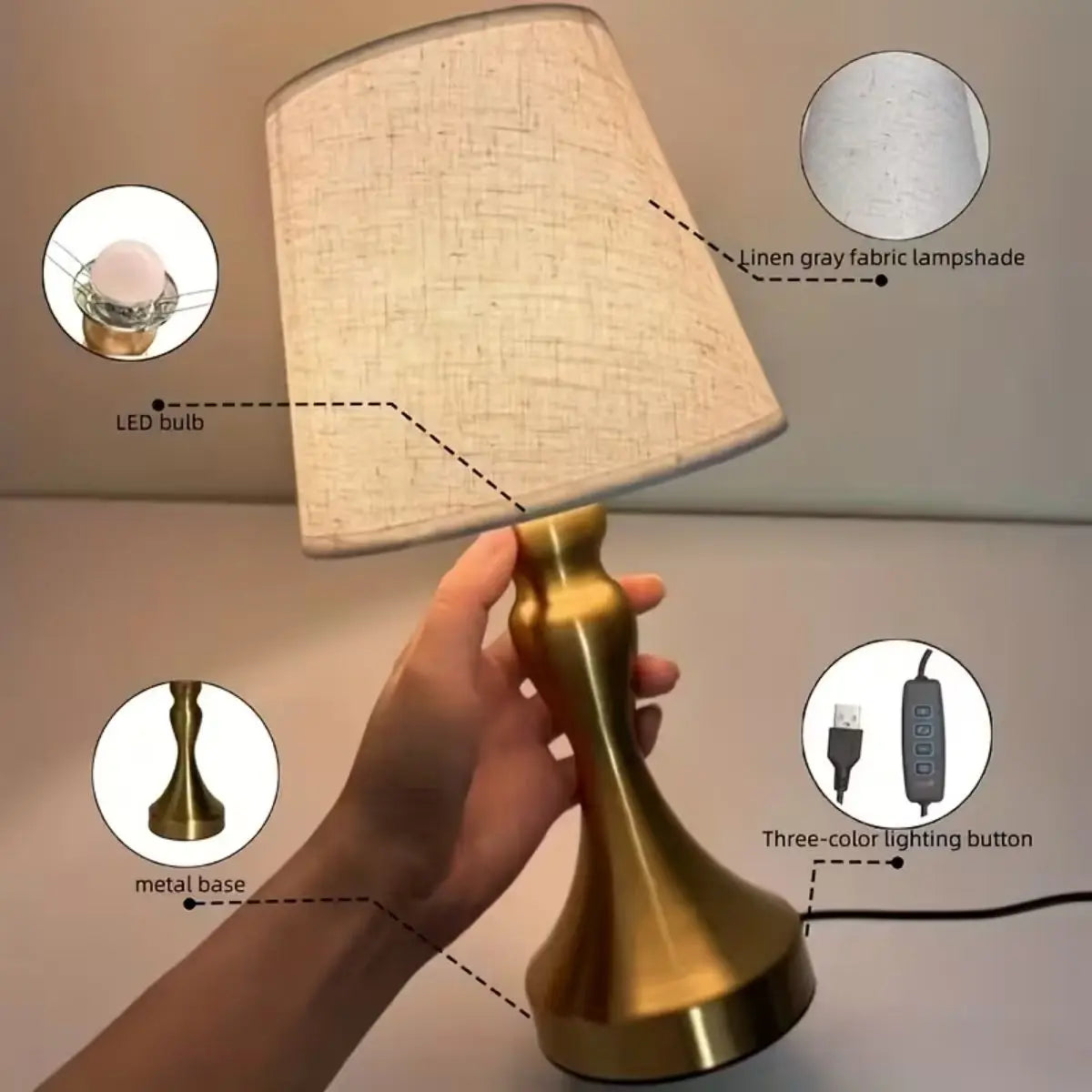 Nordic retro style desk lamp with fabric lampshade - USB powered dimmable night light, perfect for bedroom, study, and home deco