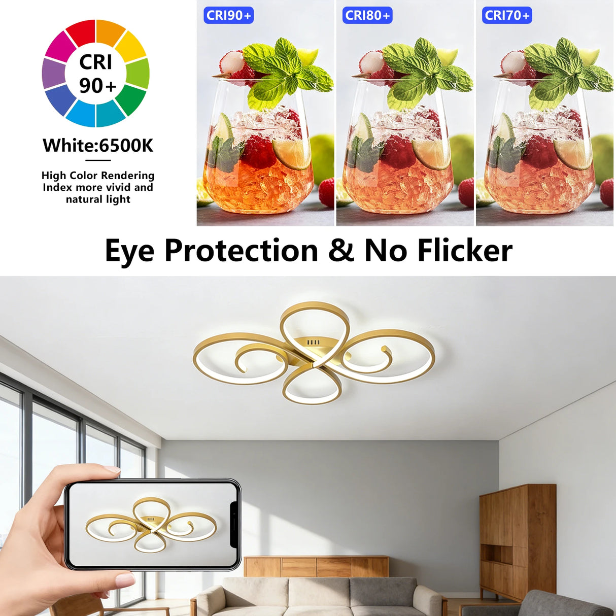 Gold LED Ceiling Light AC 110V 220V 3 Colors Lamp APP Remote Dimming