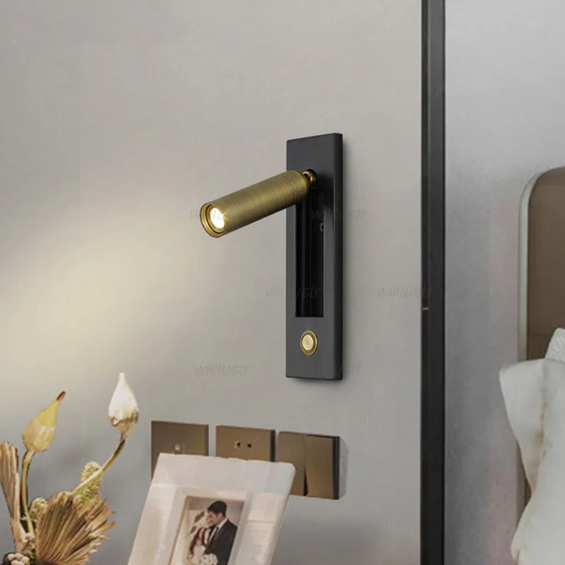 Creative Rotatable Aluminum Wall Lamp LED Embedded Sconce Hotel Cafe Bar Bedside Copper Nickle Chrome Metal Reading Lighting