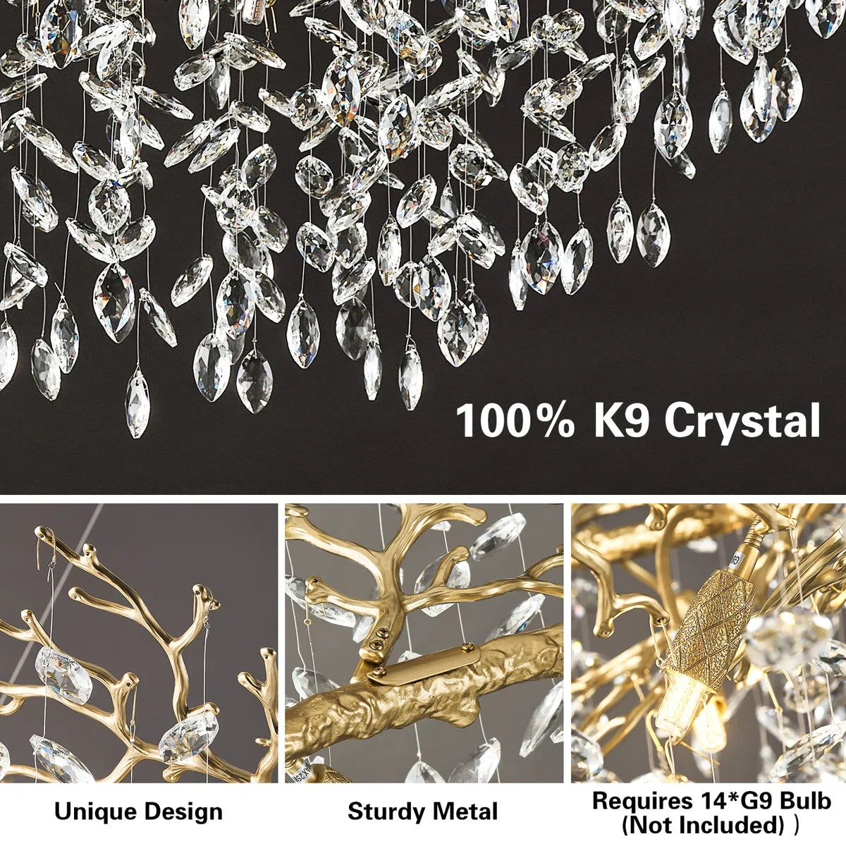 Retro K9 Crystal Tree Branch Chandelier - Modern LED Pendant Light Fixture for Villa Lobby, Foyer, Living Room & Weddings