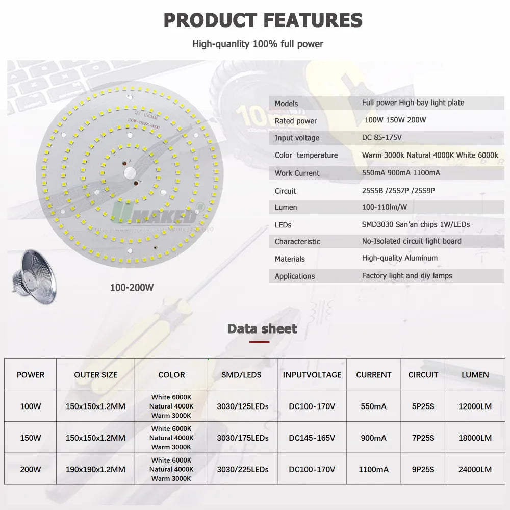 1Set LED High Bay Light DIY Replacement Kit (100W/150W/200W) 220V - High-Power Light Board + Driver for Warehouse & Garage Repair