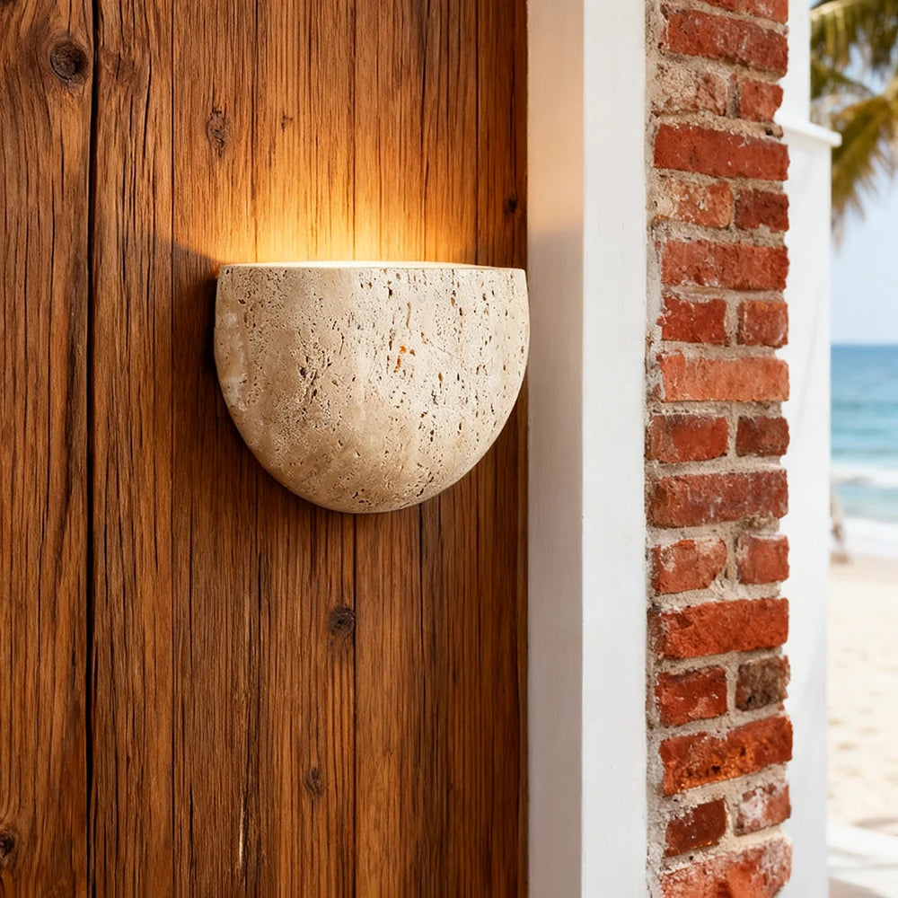 Wabi-Sabi Retro Yellow Cave Stone LED Wall Lamp - Natural Travertine Accent Sconce Light Fixture for Bedroom Bedside, Hallway & Entrance Background Decor
