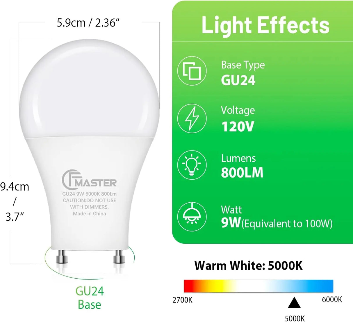 GU24 LED Bulb 4-Pack - 5000K Daylight 9W (100W Equivalent) 800 Lumens