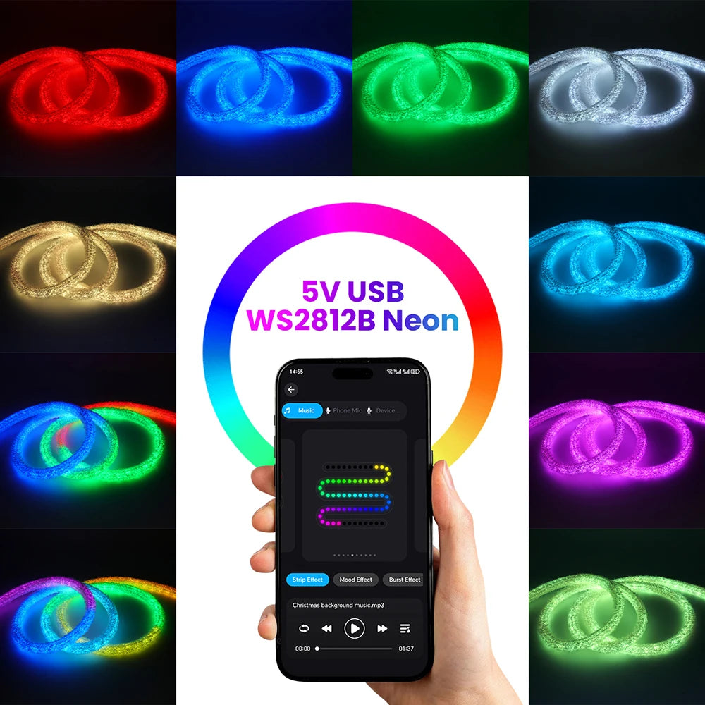 Fluffy Velvet RGB Neon LED Strip Light - 360° Round Tube WS2812B USB Light
